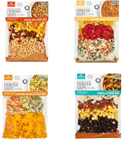 Frontier Soups Homemade in Minutes Variety Pack: (1) Arizona Enchilada, (1) Connecticut Cottage Chicken Noodle, (1) Mississippi Delta Tomato Basil, and (1) South of the Border Tortilla (4 Bags Total)