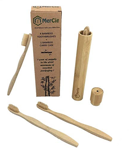 Set mit 4 ökologischen Bambuszahnbürsten + Aufbewahrungs- / Transportbox aus Bambus | WEICHE Borsten aus Bambusfaser | 100% BIOLOGISCH ABBAUBAR | Recycelte und recycelbare Verpackung ohne Kunststoff