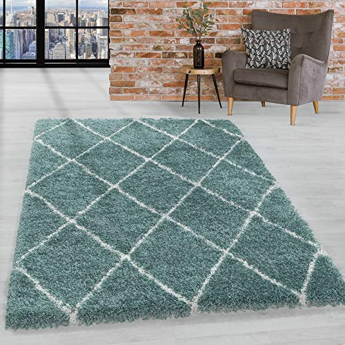 HomebyHome Shaggy Teppich Wohnzimmer 140 x 200 cm - Hochflor Teppich Skandi Rauten Blau Extra Weich und Flauschig - Bettvorleger Teppich für Schlafzimmer, Küchenläufer - Carpet, Halı, Kilim