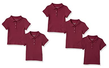 Amazon Essentials Girls' Short-Sleeved Uniform Interlock Polo Shirt, Pack of 5, Burgundy, 11-12 Years