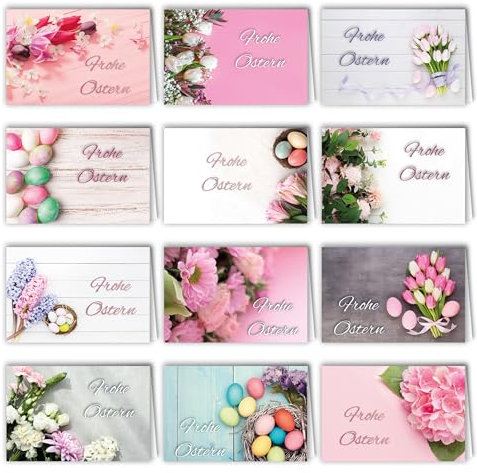 Osterkarten mit Umschlag Set Klappkarten 12 Stück Frohe Ostern Grußkarten klappbar in A6 Blumen Happy Easter Oster Karten Kartenset Umschläge Frühlingsblumen Fotokarten Osternest