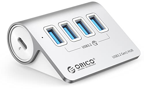 USB C Hub, ORICO USB C 3.2 GEN 1 Hub 5Gbps, 4-Port Aluminium USB Verteiler mit 0.5M USB C Kabel, USB Splitter mit 5V/2A Netzteil Typ C Port für MacBook, MacBook Pro, MacBook Air