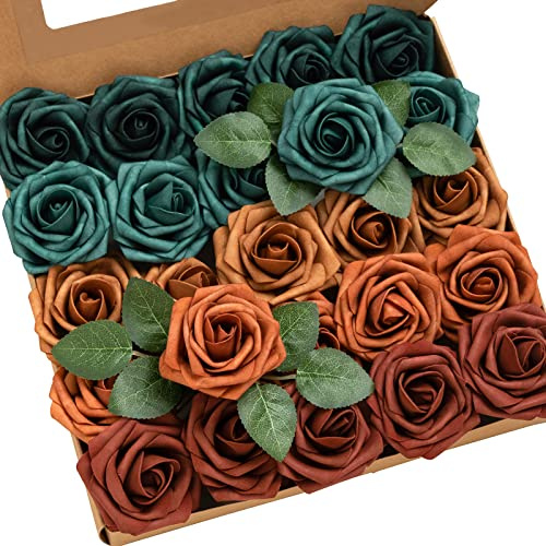 Ling's moment Artificial Flowers, 25Pcs 3 Roses in Teal Shades, Realistic DIY Foam Floral Decor for Wedding Bouquets/Centerpieces, Outdoor Party Backdrops, Room/Table, and Garden/Pot Decorations