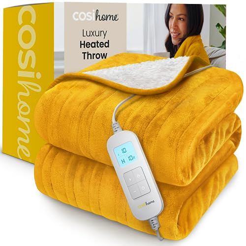 Cosi Home Coperta Riscaldante Elettrica 180x130 cm, in pile sherpa, lavabile in lavatrice con telecomando digitale, timer e 10 impostazioni di calore - Senape