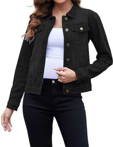 Jayscreate Chaqueta vaquera corta para mujer, chaqueta vaquera, manga larga, cuello reversible, chaqueta vaquera para mujer, chaqueta vaquera de verano con bolsillos, abrigo vaquero, Negro , S Corto