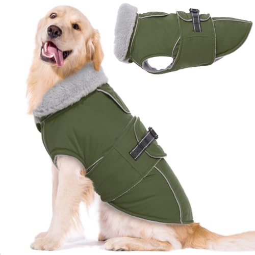 Lelepet Warm Dog Coat Waterproof Dog Jacket for Large Dogs Reflective Fleece Vest with Adjustable Buckle Hook & Loop Windproof Cold Weather Coats for Small Medium Large Dogs, Army Green, L