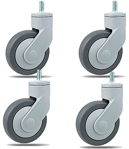 Set di 4 rotelle girevoli, rotelle in gomma con stelo filettato M12 con freno, nessun rumore, per apparecchiature mediche/mobili, carico 270 kg, (4 pollici/100 mm)