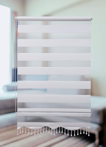 PlisseeOnline Doppelrollo Klemmfix ohne Bohren Weiß mit Perlen Duo Rollo für Fenster und Türen Plissee Rollo Gardine 80 x 150 cm Blickdicht Klemmrollo mit Perlen Seitenzugrollo
