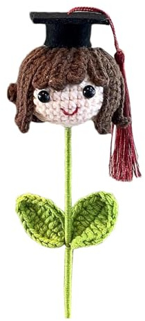 Duroecsain Bouquet di fiori a maglia di laurea, all'uncinetto per laurea, bouquet di cappello di laurea a maglia, bambola all'uncinetto con fiori di lana fatti a mano, cappello