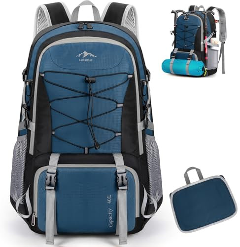 RAINSMORE Wanderrucksack Herren Damen 40L Wasserdichter Rucksack Leichter Reiserucksack Faltbarer Fahrradrucksack Tagesrucksäcke mit ReflexstreifenTrekkingrucksack Blau