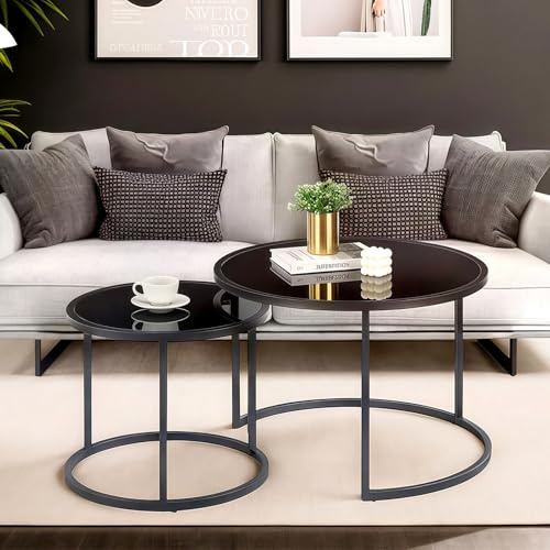 Ginhow Couchtisch Rund mit Glas Schwarz, Glastisch Rund 2er Set, Satztische Modern Schwarz fürs Wohnzimmer, ø70 und ø 50 cm