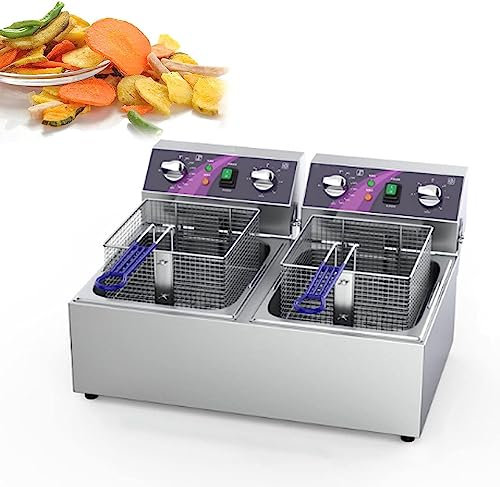 Deep Fryer Tank 10 Litre 20 Litre, Electric Deep Fryer With Basket Stainless Steel Oil Fryer, Stainless Steel Countertop Tank Deep Fryer W/Fryer Basket, For Home Kitchen Restaurants (Color : Double)