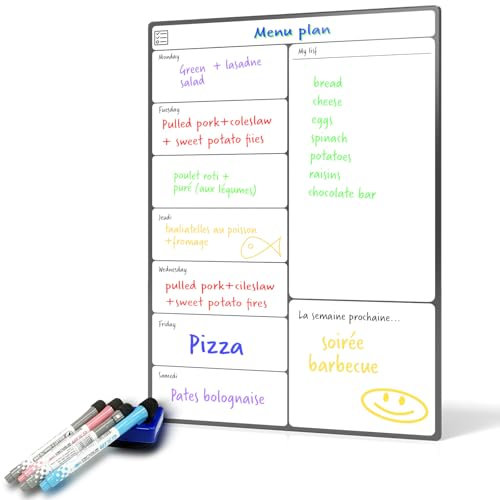 SURFOU Whiteboard Magnetisch Für Kühlschrank A3, Wochenplaner Abwischbar Selbstklebend Mit 4 Whiteboardmarkern Und 1 Radierer, Magnettafel Für Zuhause Büro, Menüplaner Einkaufsliste To Do Liste