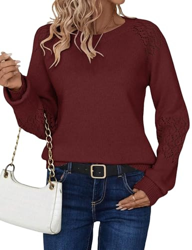 Zeagoo Maglione da Donna Invernale Girocollo Maniche Lunghe Elegante Pullover A Maglia A Costine Traforato Caldo Rosso M