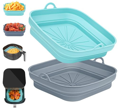 2 Pezzi Teglie per Friggitrice ad Aria, Teglia in Silicone per Air Fryer, Riutilizzabile Quadrato Accessori Friggitrice ad Aria per Airfryer, Microonde, Forno (Blu+Grigio)
