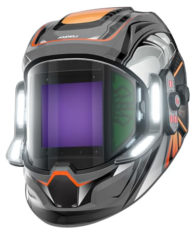 ANDELI Welding Helmet - Panoramic 180° View 3.94X3.74,True Color Auto Darkening Welding Helmet with Light, 6 Arc Sensor, 4/5-8/9-13 Type-C Charging MONERGR-LED