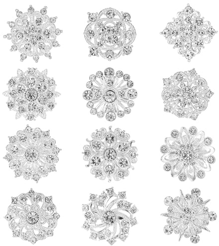 12 piezas de broches de diamantes de imitación plateados kit de broches pequeños de plata recorte de cristal flor broches alfileres de Navidad decoración para novia dama de honor boda corsé vestido