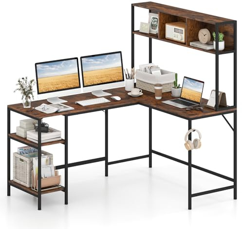 COSTWAY L-format skrivbord, hörnskrivbord med bokhylla, 2 hyllor och hörlurskrokar, 150 x 120 cm spelbord, datorbord av trä med metallram, arbetsbord för hem och kontor (brun)