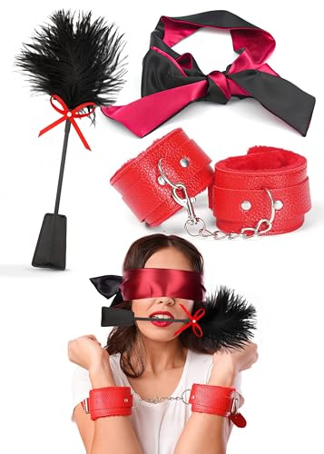 Padded Fluffy Cuffs for Grownups Red, Feather Tickler for Play and Adjustable Satin Eye Mask 59, Set for Bedroom