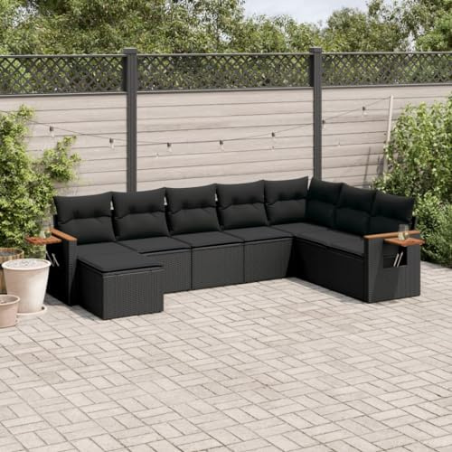 JHQHSM Set di 8 divani da giardino con cuscino, nero, in polyrattan, design modulare con rivestimenti rimovibili e ripiani pieghevoli, durevoli in rattan PE per esterni