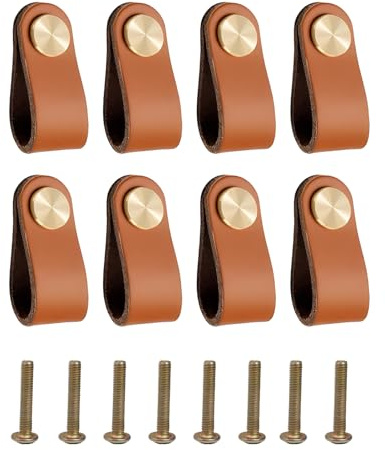 Pack of 8 Leather Drawer Pulls, Leather Furniture Handles, 64 X 25 Mm with Brass Head, Ideal for Drawers, Cabinets and Furniture, Water Resistant, Durable, Furniture Handle for Families with Children