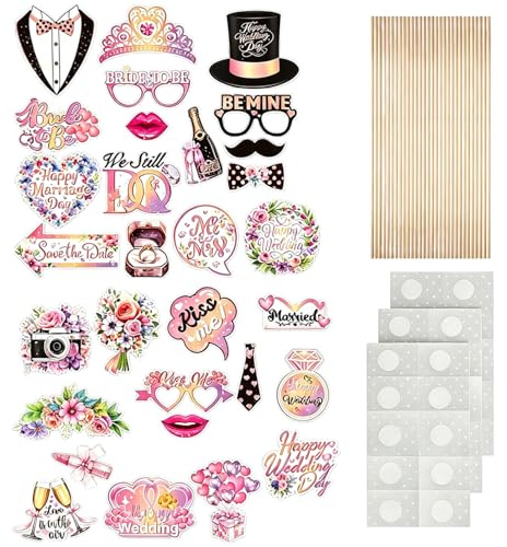 PYRUVAE 30 Piezas Accesorios Photocall Boda, Divertidos Atrezzo Fotomatón con Frases en Español, Decoración Boda y Hora Loca, Complementos para Fotos de Invitados, Recuerdos de Boda Originales