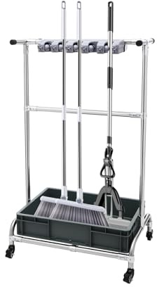 Fermoirper Soporte para escobas y aparatos, soporte para herramientas de jardín, soporte para fregona, con ruedas, 12 ganchos, 10 ranuras, acero inoxidable, 66 x 42 x 110 cm