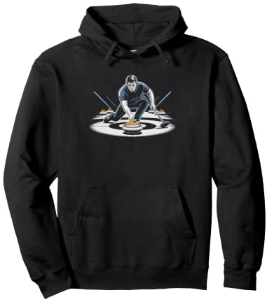 Curling Player Stone Broom Minimalist Art Winter Ice Graphic Pullover Hoodie