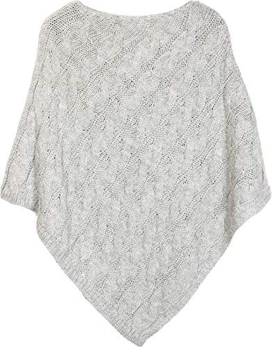 styleBREAKER Strick Poncho mit Zopfmuster, Rundhals Strickponcho, Grobstrick, Damen 08010040, Farbe:Hellgrau
