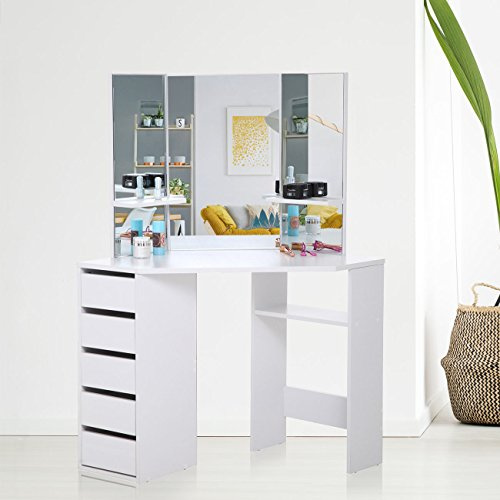 Makika Große Schminktisch mit Spiegel 5 Schubladen und Regal - Eck Schminktisch Make-Up Organizer Schlafzimmer Kosmetiktisch Frisierkommode Frisiertisch Tisch aus Holz - Elle in Weiß