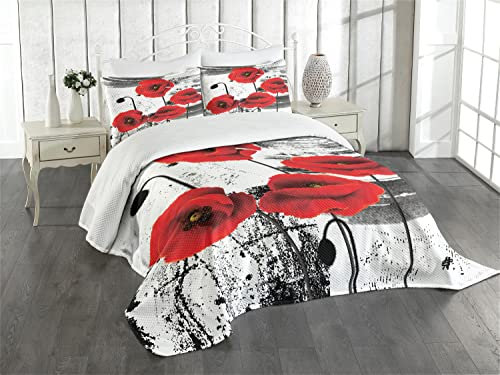ABAKUHAUS Mohn Tagesdecke Set, Grunge Pinsel Blumen, Set mit Kissenbezügen Waschbar, für Doppelbetten 264 x 220 cm, Grau Rot