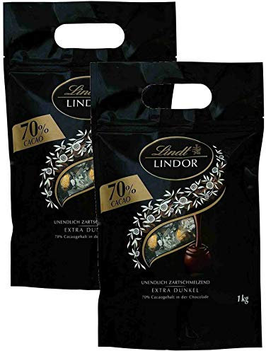 Lindt LINDOR Schokoladen Kugeln extra dunkel | 1 kg Beutel, wiederverschließbar | ca. 80 Kugeln Edelbitterschokolade | Dunkle Schokolade mit 70% Kakao | Großpackung, Pralinen-Geschenk (2 x 1 kg)