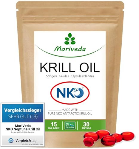 NKO® Capsule liquide di olio di krill - omega 3, 6, 9 di alta qualità - ricco di EPA e DHA - astaxantina, vitamina E, colina e fosfolipidi - cuore sistema immunitario memoria - 30 pezzi da MoriVeda