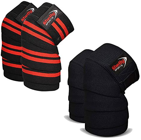 Shelly - Ginocchiere per sollevamento pesi, sollevamento pesi, supporto per ginocchiere e sollevamento olimpico, fasce elastiche in gomma resistenti per uomini e donne (rosso)