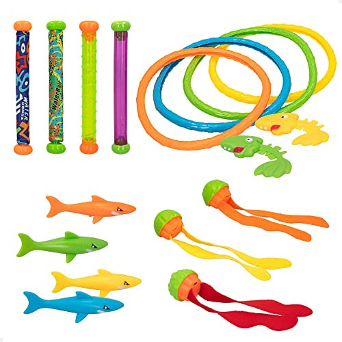 COLORBABY 49536, 17-delat dykleksaksset, CB Toys, vattendykningssats, innehåller 4 pinnar, 4 ringar, 4 hajar, 3 torpeder och 2 fiskar, lek i pooler, gåvor och leksaker för