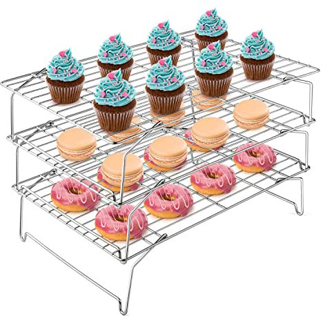 Herogo Cooling Rack, 3-Tier Stainless Steel Stackable Wire Rack with Collapsible Legs for Baking Cooling Roasting Grilling, Great for Biscuits, Cake, Bread, Cookies, 38x26 cm, Oven & Dishwasher Safe