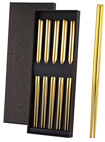 OIULO Gold Stainless Steel Chopsticks - Reusable Chopsticks - 5 Pairs Dishwasher Safe Metal Chopsticks - Easy to Use - Pressure Line Lightweight Chop Sticks- Gift Set（9 Inch ）