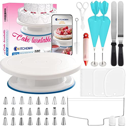 KITCHENHI 40 Pcs Cake Decorating Supplies Kit for Beginners,with 11 inch Plastic Revolving Cake Turntable and Disposable Pastry Bags/with Numbered Cake Decorating Tips Accessories etc.(White)