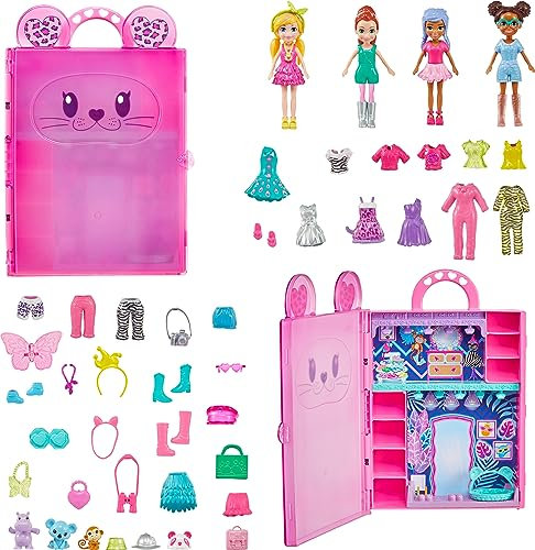 Polly Pocket Ensemble de jeu Closet avec 4 poupées (3 pouces), 3 animaux de compagnie et 50 accessoires, étui de transport Stylin' Safari Collection Fashion