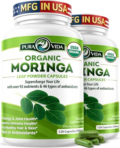 PURA VIDA MORINGA Organic Moringa Capsules Single Origin Moringa Powder Organic. Pure Moringa Leaf. Energy, Metabolism, & Immune Support. 120ct. 500mg Caps (Pack of 2)