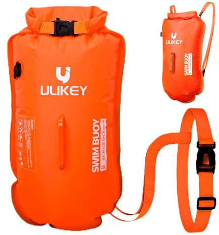Ulikey Bouée de Natation 2 en 1 et Sac à Dos étanche, 28L Bouée de Natation Gonflable Swim Buoy Eau Libre pour Triathlètes, Kayakistes, Plongeurs en Apnée (Orange)