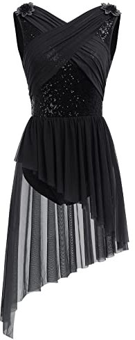 Ballettkleidung Damen Tanzkleid Ärmellos U-Rücken Glitzer Pailletten Blume Ballett Body Ballettanzug Asymmetrischer Tüllkleid Ballettkleid Salsa Ballerina Dancewear Eiskunstlauf Kleid Schwarz M