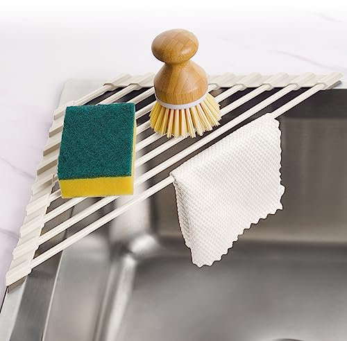 Tomorotec Compact Silicone-Coated Triangle Dish Drying Rack for Sink Corner - Foldable Stainless Steel Over-The-Sink Organizer and Storage Shelf(Cream Color)