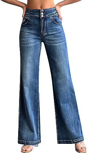 roswear Women’s Wide Leg Jeans Casual High Waisted Stretch Baggy Loose Denim Pants 104 Blue Large