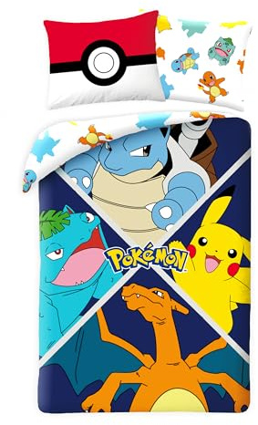 Parure de Lit Pokemon Èvolution pour Enfant, Housse de Couette Réversible 140x200 cm + Taie d'oreiller, avec Pikachu, Tortank (Carapuce), Dracaufeu (Salamèche) et Florizarre (Bulbizarre)