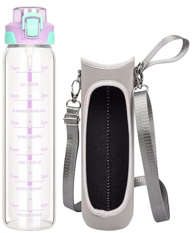 DEARRAY 1l / 1 litre Leakproof Glass Water Bottle with Straw & Motivational Time Markings 1000ml BPA-free Glass Sport Drinking Bottle with Neoprene Sleeve