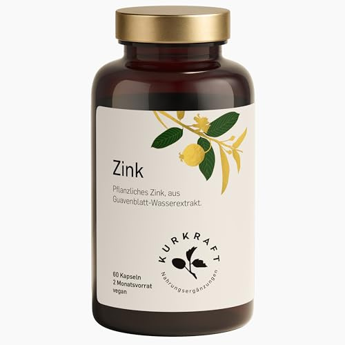 Kurkraft Natürliches Zink - 60 Kapseln - Hochdosiert mit 10 mg Zink je Kapsel - Guavenblatt-Wasserextrakt - Vegan