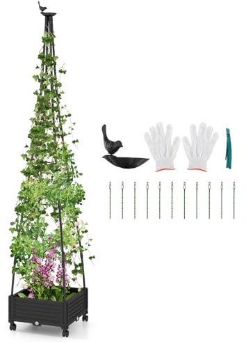 GYMAX Alzata Fioriera con Traliccio, Mobile per Piante da Giardino per Piante Rampicanti con Sistema di Autodrenaggio e 2 Ruote Bloccabili, Traliccio da Giardino Alto per Uso Interno ed Esterno