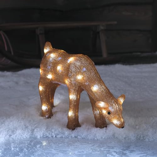 Lights4fun Cerva al Pascolo Renna Luminosa a Pile da 39 cm con 30 LED Bianco Caldo e Timer Figura di Natale in Acrilico Decorazione Natalizia per Esterni