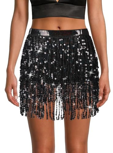 OFFCUP Glitzer Pailletten Quasten Rock für Bauchtanz, Damen Fransen Festival Glitzerrock, Rave Kostüm, Quastenrock für Fasching Karneval Party - Schwarz (Maximaler Taillenumfang 80cm)
